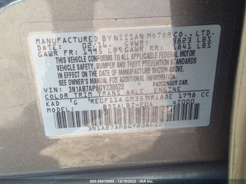 2016 Nissan Sentra S VIN: 3N1AB7AP8GY238622 Lot: 35418950