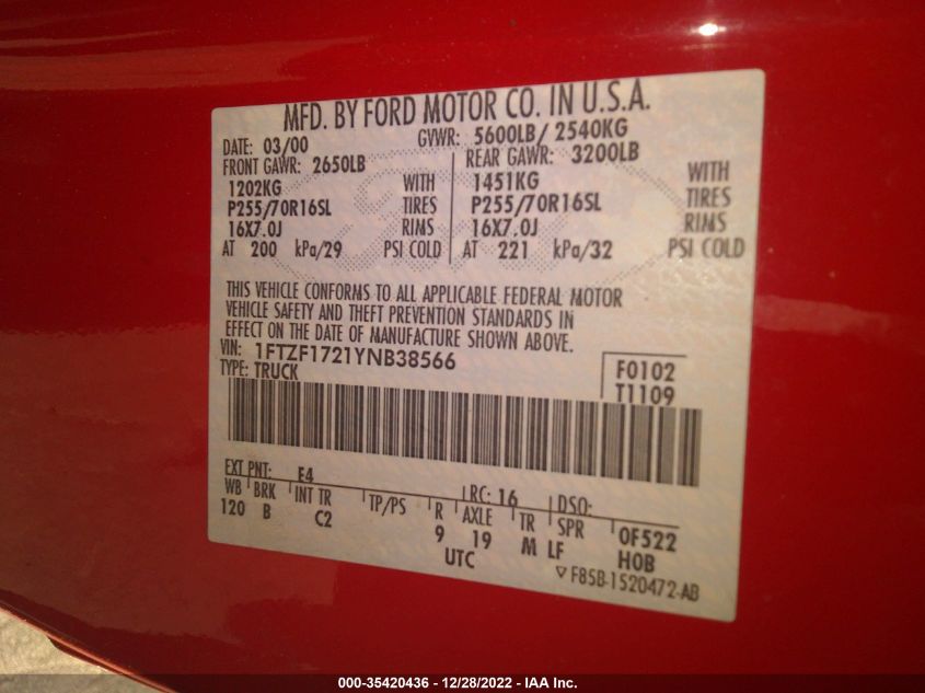 2000 Ford F-150 Work Series/Xlt/Xl VIN: 1FTZF1721YNB38566 Lot: 35420436