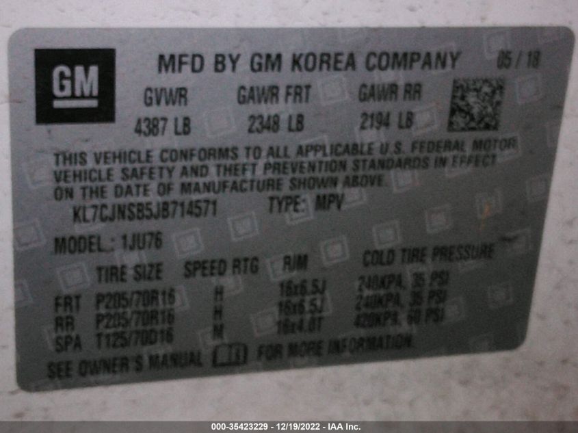 2018 Chevrolet Trax Ls VIN: KL7CJNSB5JB714571 Lot: 35423229
