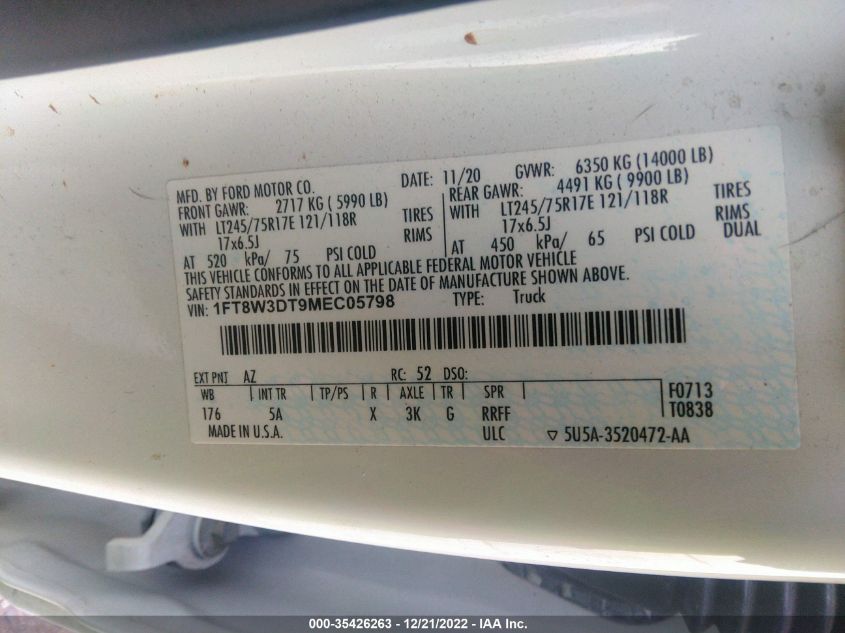 2021 Ford F-350 Lariat VIN: 1FT8W3DT9MEC05798 Lot: 35426263