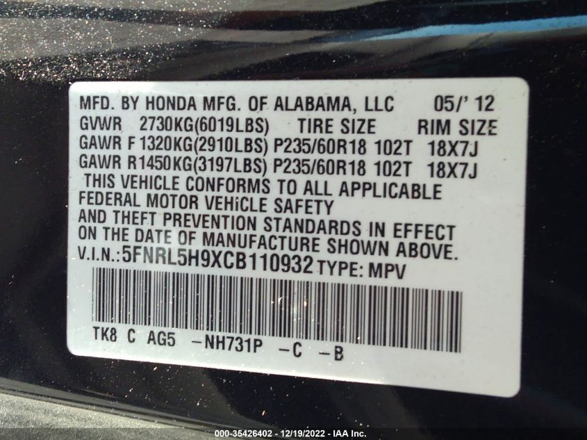 2012 Honda Odyssey Touring VIN: 5FNRL5H9XCB110932 Lot: 35426402