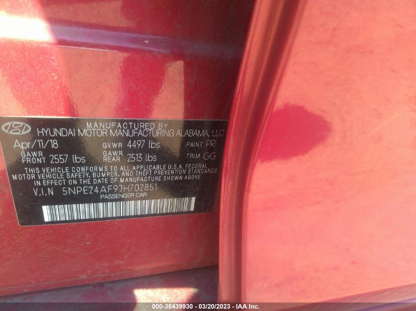 2018 Hyundai Sonata Se VIN: 5NPE24AF9JH702851 Lot: 35439930