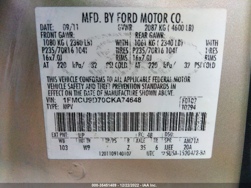 2012 Ford Escape Xlt VIN: 1FMCU9D70CKA74648 Lot: 35451489