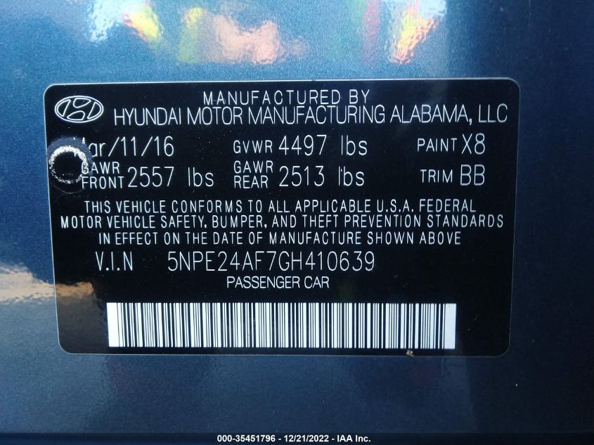 5NPE24AF7GH410639 2016 Hyundai Sonata