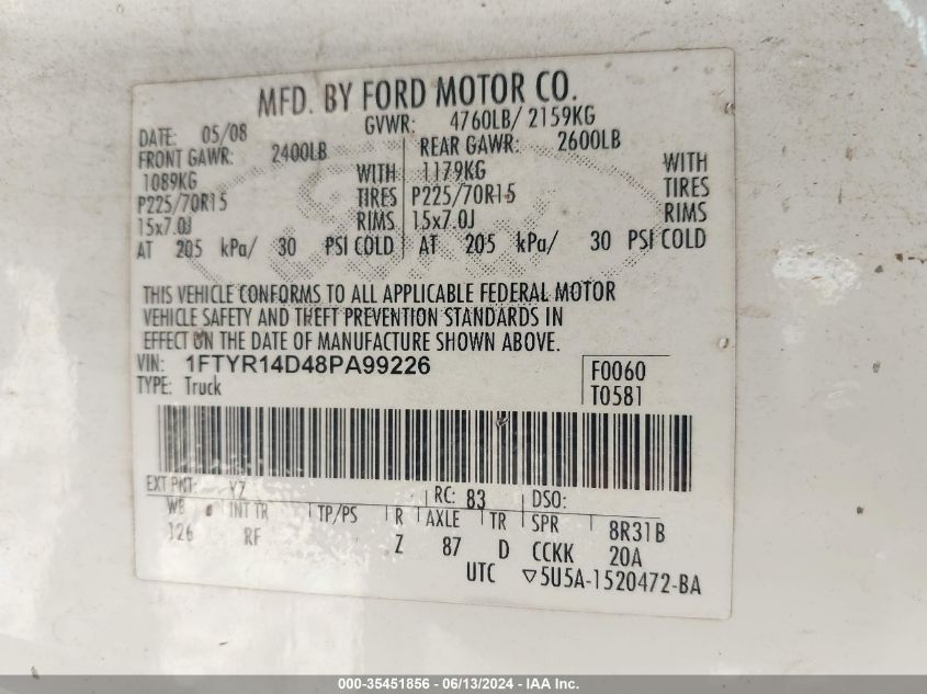 2008 Ford Ranger Xlt VIN: 1FTYR14D48PA99226 Lot: 35451856