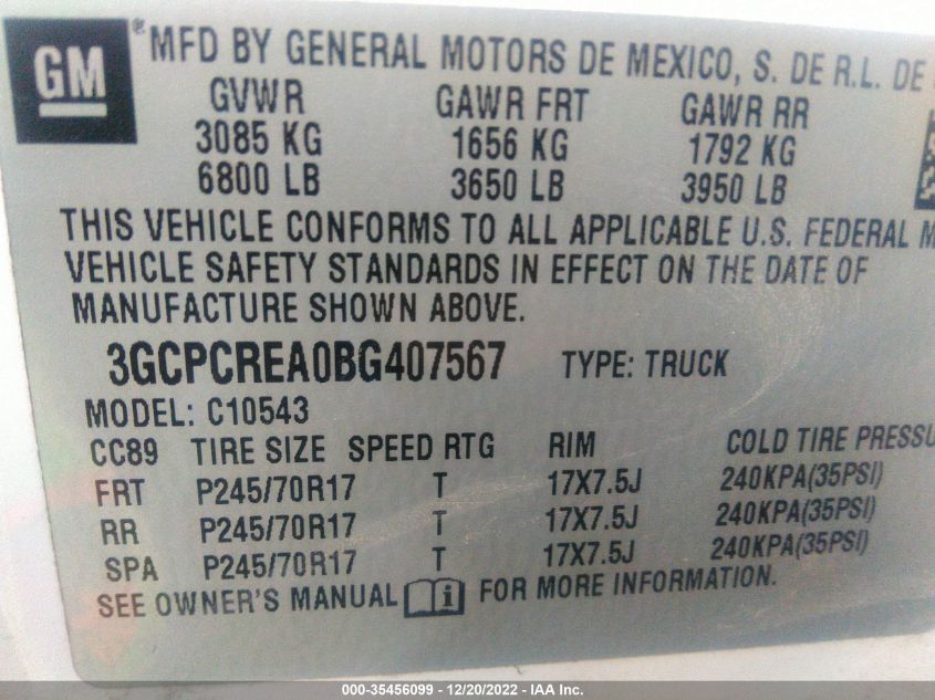 2011 Chevrolet Silverado 1500 Ls VIN: 3GCPCREA0BG407567 Lot: 35456099