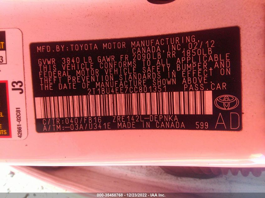 2T1BU4EE7CC801351 2012 Toyota Corolla Le