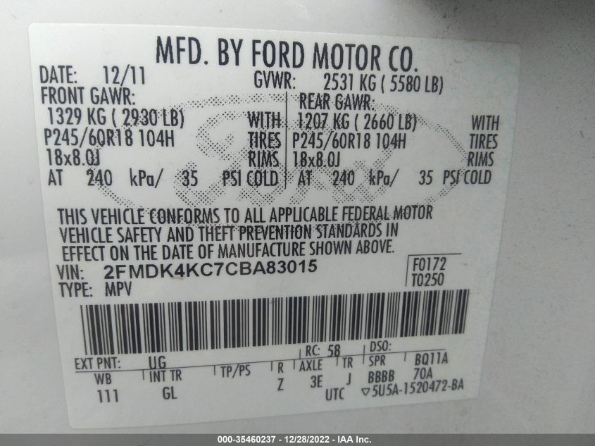 2012 Ford Edge Limited VIN: 2FMDK4KC7CBA83015 Lot: 35460237