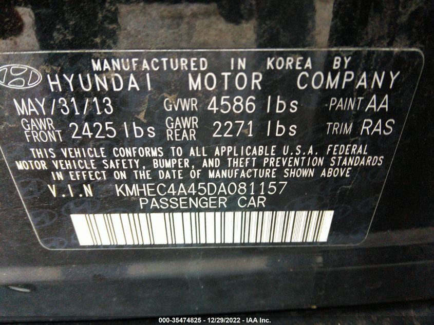 2013 Hyundai Sonata Hybrid Limited VIN: KMHEC4A45DA081157 Lot: 35474825