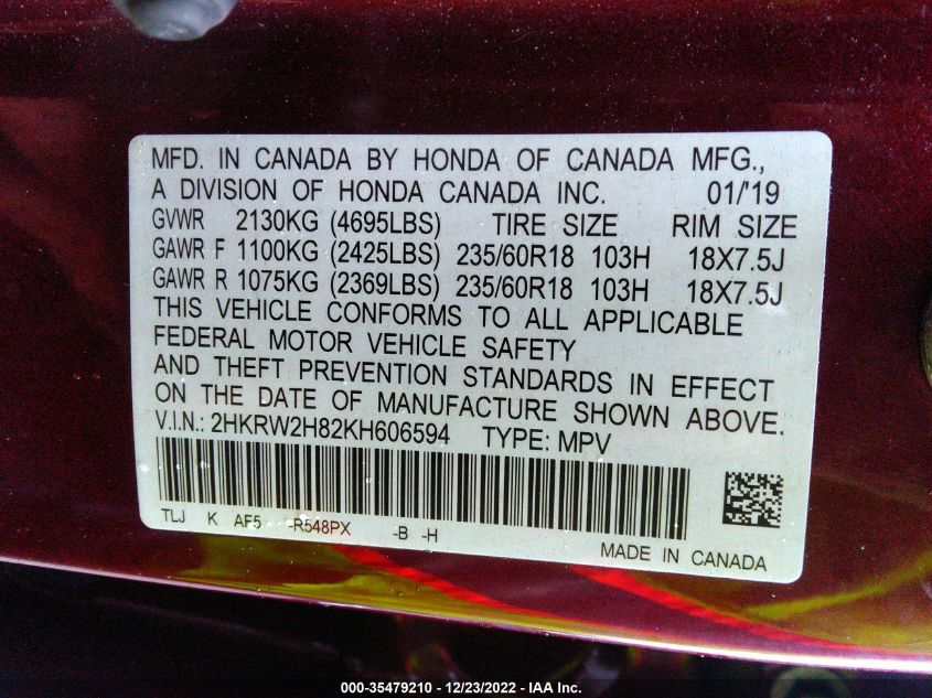 2HKRW2H82KH606594 2019 Honda Cr-V Ex-L