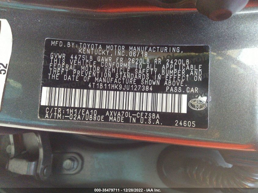 4T1B11HK9JU127384 2018 Toyota Camry Se