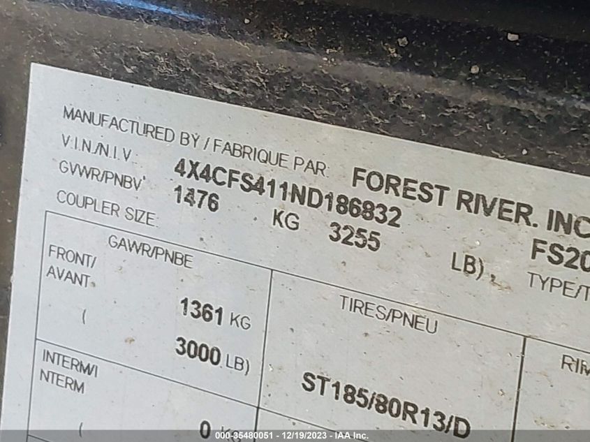 2022 Forest River Flagstaff Mac 208 VIN: 4X4CFS411ND186832 Lot: 35480051