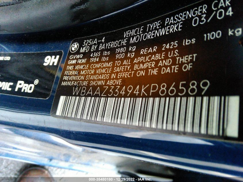 2004 BMW 3 Series 325I VIN: WBAAZ33494KP86589 Lot: 35480180