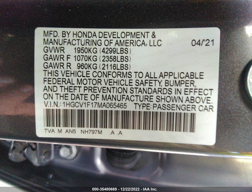 1HGCV1F17MA065465