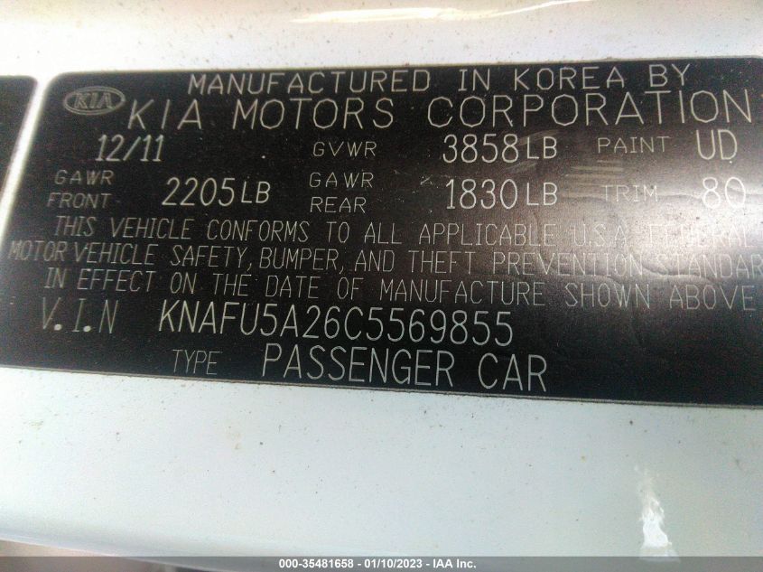 KNAFU5A26C5569855 2012 Kia Forte Ex