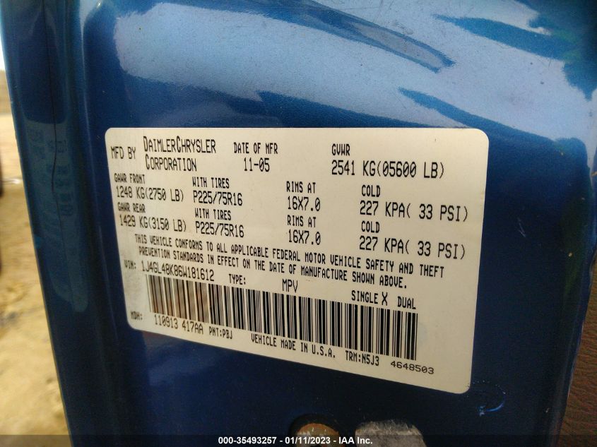 2006 Jeep Liberty Sport VIN: 1J4GL48K86W181612 Lot: 35493257