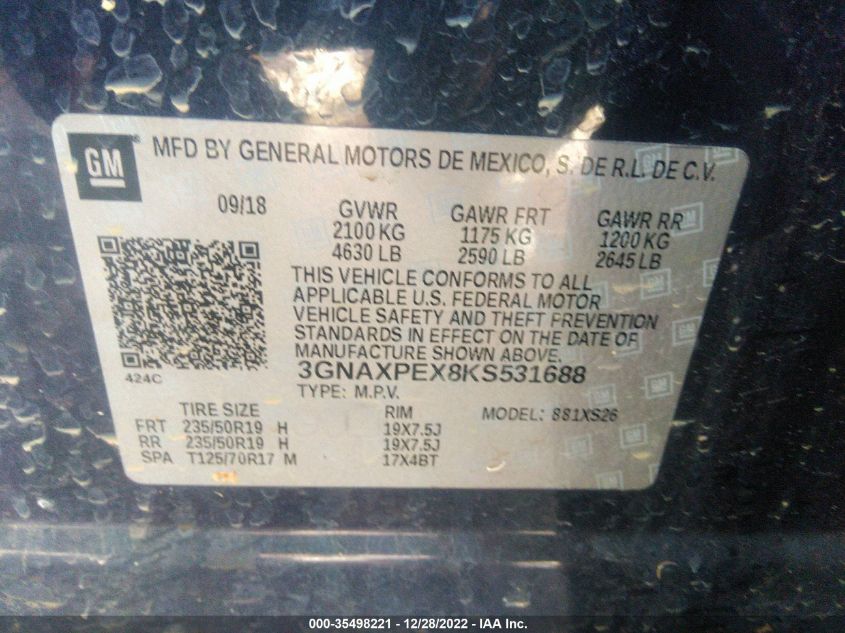 3GNAXPEX8KS531688 2019 Chevrolet Equinox Premier