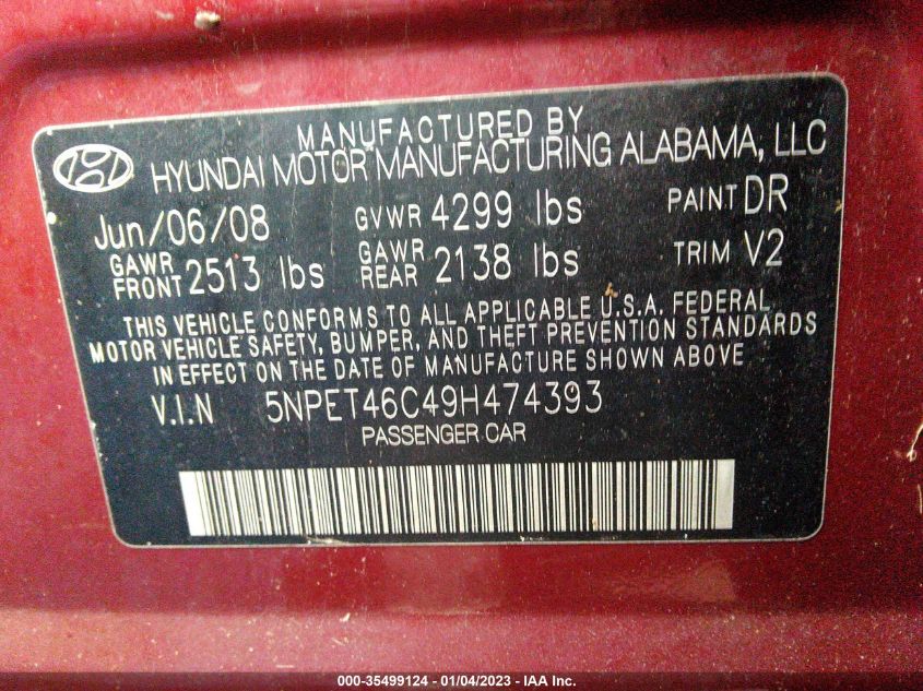 2009 Hyundai Sonata Gls VIN: 5NPET46C49H474393 Lot: 35499124
