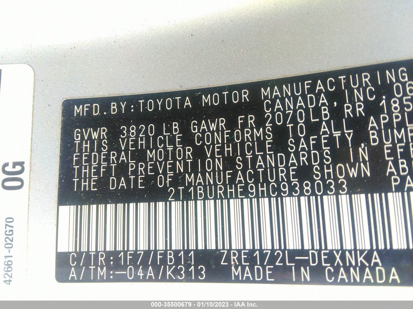 2017 Toyota Corolla L/Le/Xle/Se VIN: 2T1BURHE9HC938033 Lot: 35500679