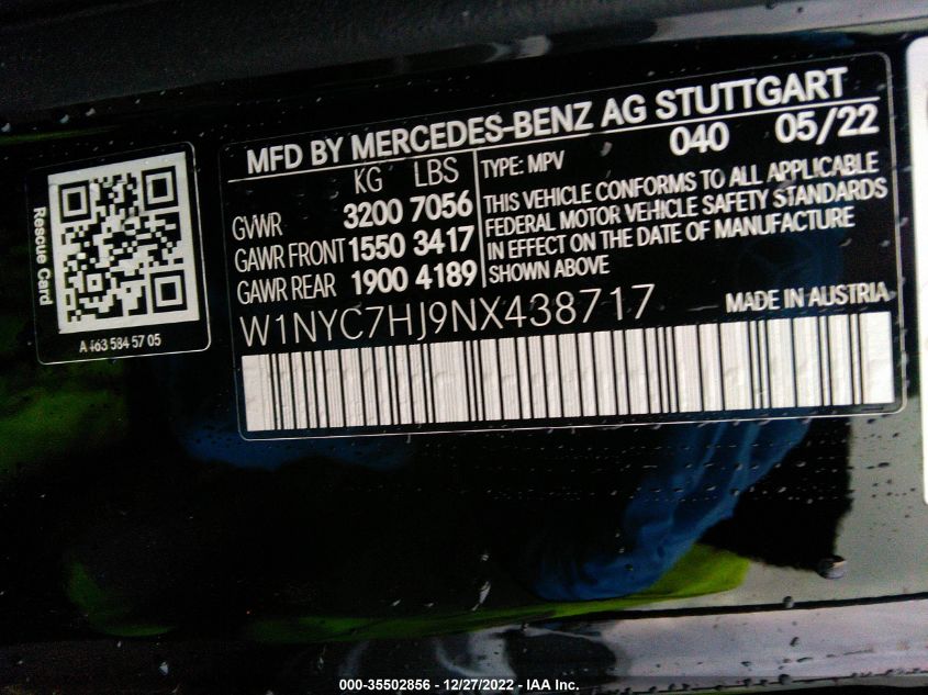 VIN W1NYC7HJ9NX438717 2022 Mercedes-Benz G-Class, A... no.9