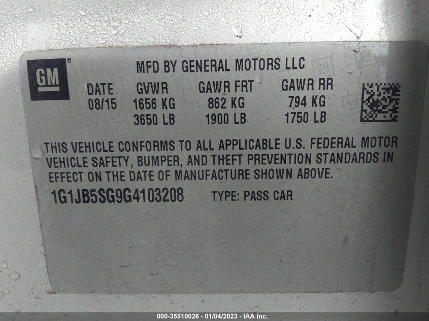 2016 Chevrolet Sonic Ls VIN: 1G1JB5SG9G4103208 Lot: 35510026