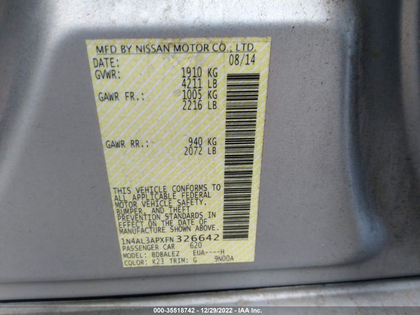 2015 Nissan Altima 2.5 S VIN: 1N4AL3APXFN326642 Lot: 35518742