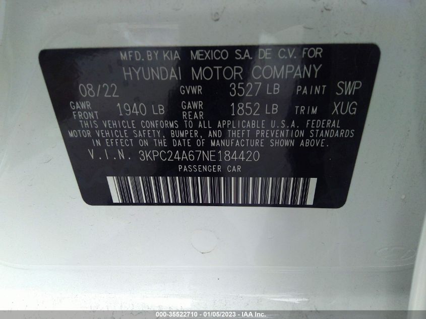 2022 Hyundai Accent Se VIN: 3KPC24A67NE184420 Lot: 35522710