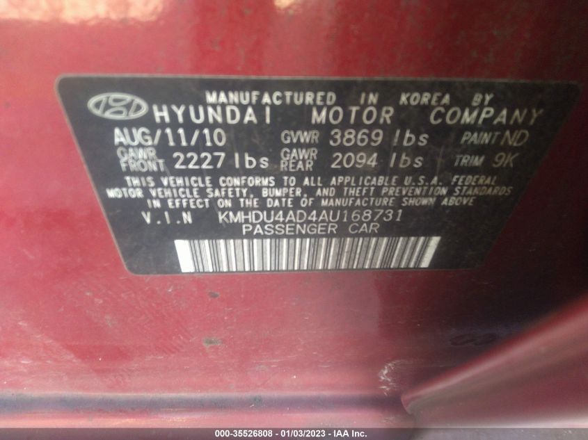 2010 Hyundai Elantra Gls VIN: KMHDU4AD4AU168731 Lot: 35526808