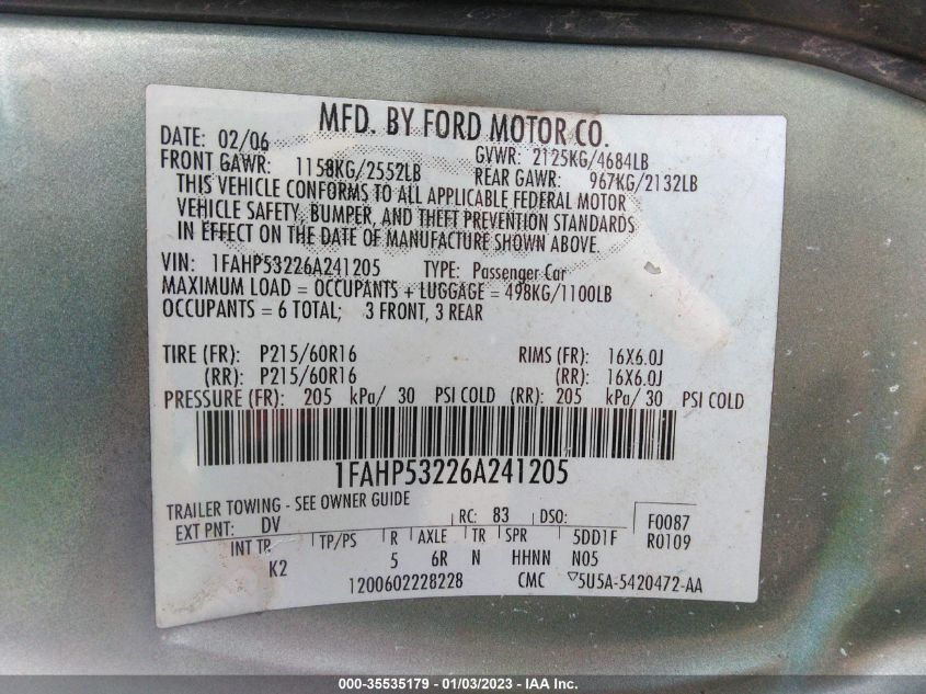 2006 Ford Taurus Se VIN: 1FAHP53226A241205 Lot: 35535179