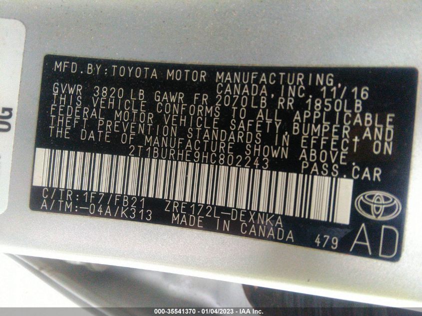 2T1BURHE9HC802243 2017 Toyota Corolla Le