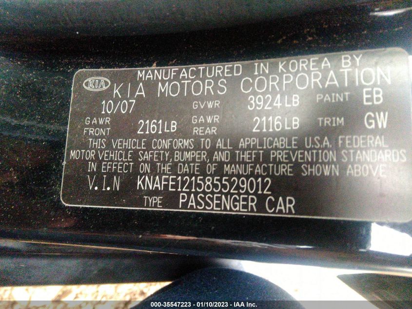 KNAFE121585529012 2008 Kia Spectra Ex