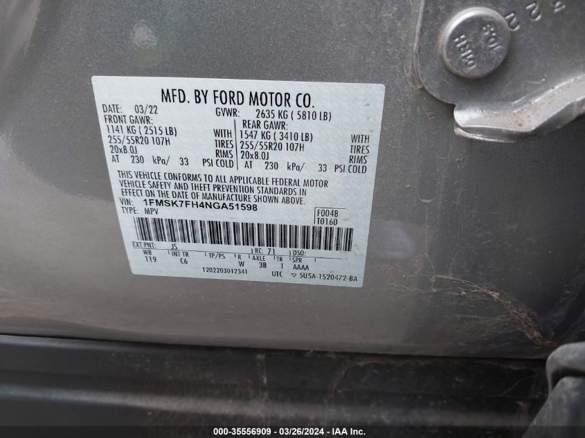 1FMSK7FH4NGA51598 2022 Ford Explorer Limited