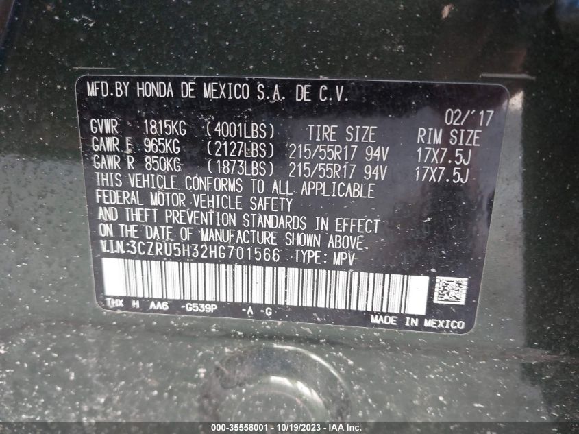 2017 Honda Hr-V Lx VIN: 3CZRU5H32HG701566 Lot: 35558001