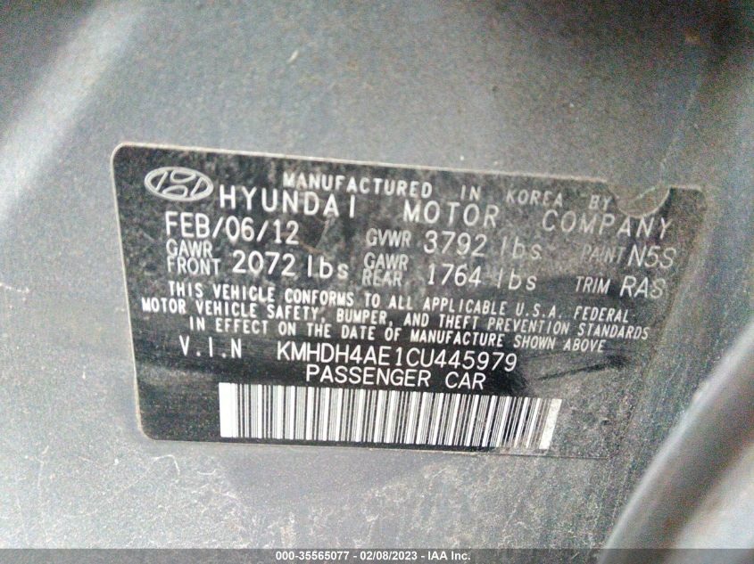 KMHDH4AE1CU445979 2012 Hyundai Elantra Gls (Ulsan Plant)