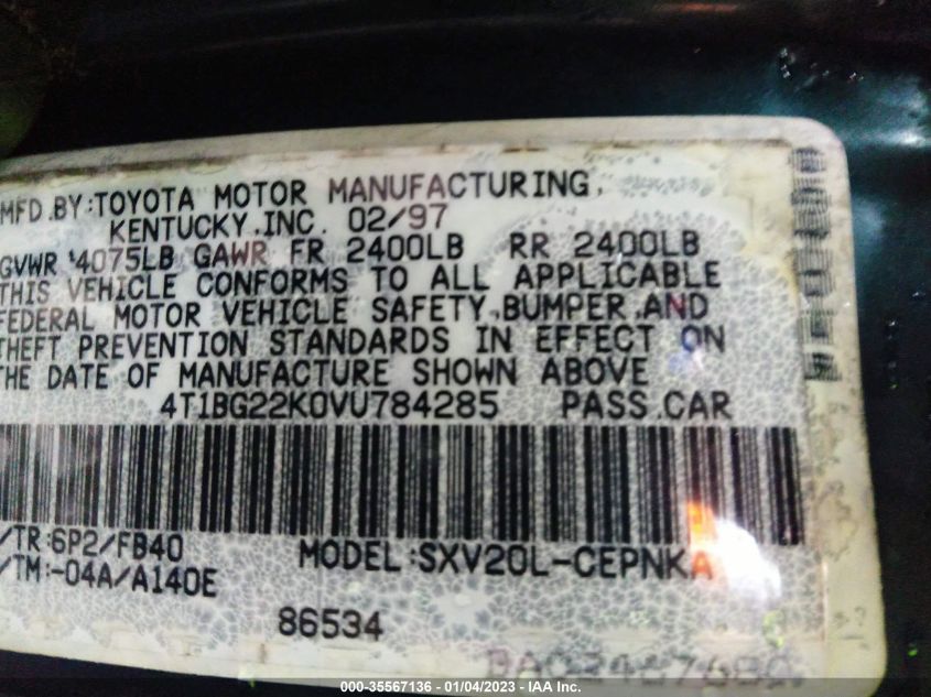 1997 Toyota Camry Le/Xle/Ce VIN: 4T1BG22K0VU784285 Lot: 35567136