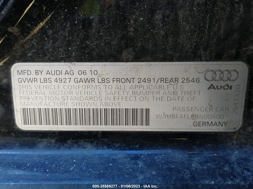 2011 AUDI A4 2.0T PREMIUM VIN: WAUBFAFL6BN006001