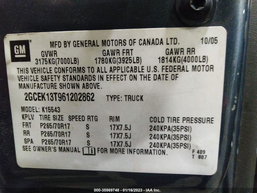 2GCEK13T961202862 2006 Chevrolet Silverado 1500 Lt2