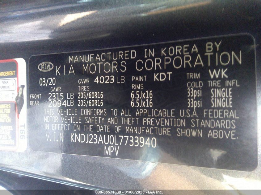 2020 Kia Soul Lx VIN: KNDJ23AU0L7733940 Lot: 35571630