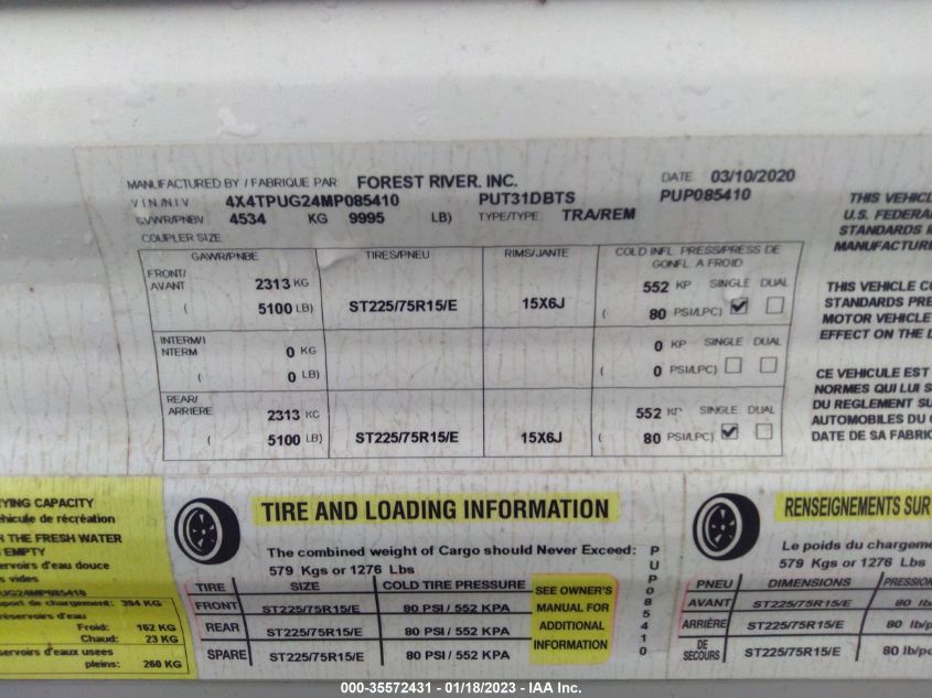 2020 Puma 31Dbts VIN: 4X4TPUG24MP085410 Lot: 35572431