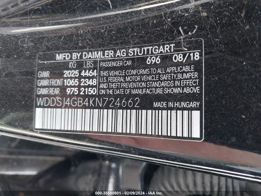 WDDSJ4GB4KN724662 2019 Mercedes-Benz Cla 250