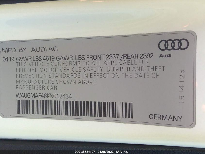 2019 Audi A4 40 Premium/40 Titanium Premium VIN: WAUGMAF46KN012434 Lot: 35581107