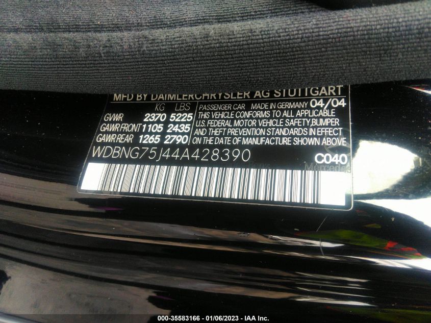2004 Mercedes-Benz S 500 VIN: WDBNG75J44A428390 Lot: 35583166