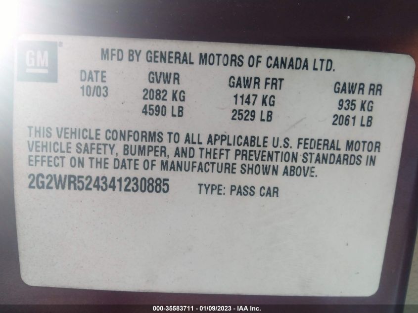 2004 Pontiac Grand Prix Gtp VIN: 2G2WR524341230885 Lot: 43150992