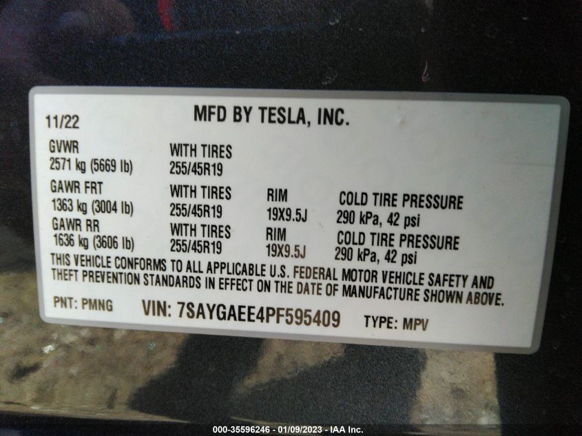 2023 Tesla Model Y Awd/Long Range Dual Motor All-Wheel Drive VIN: 7SAYGAEE4PF595409 Lot: 35596246