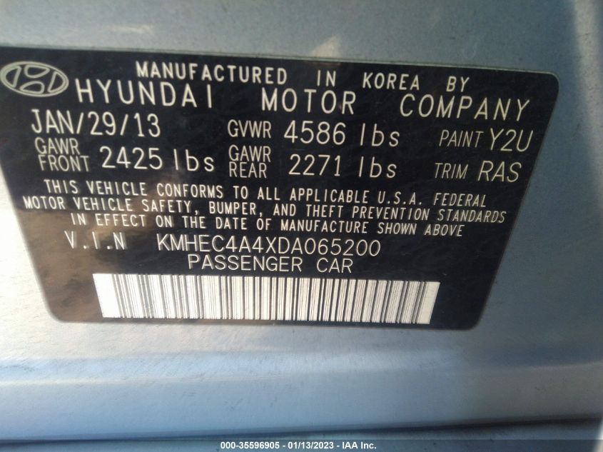 KMHEC4A4XDA065200 2013 Hyundai Sonata Hybrid