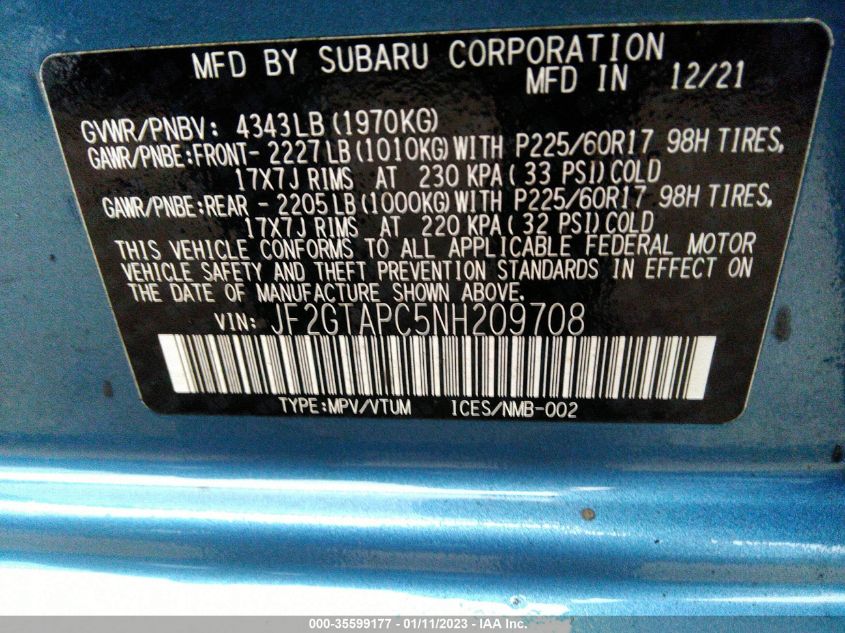 JF2GTAPC5NH209708 2022 Subaru Crosstrek Premium