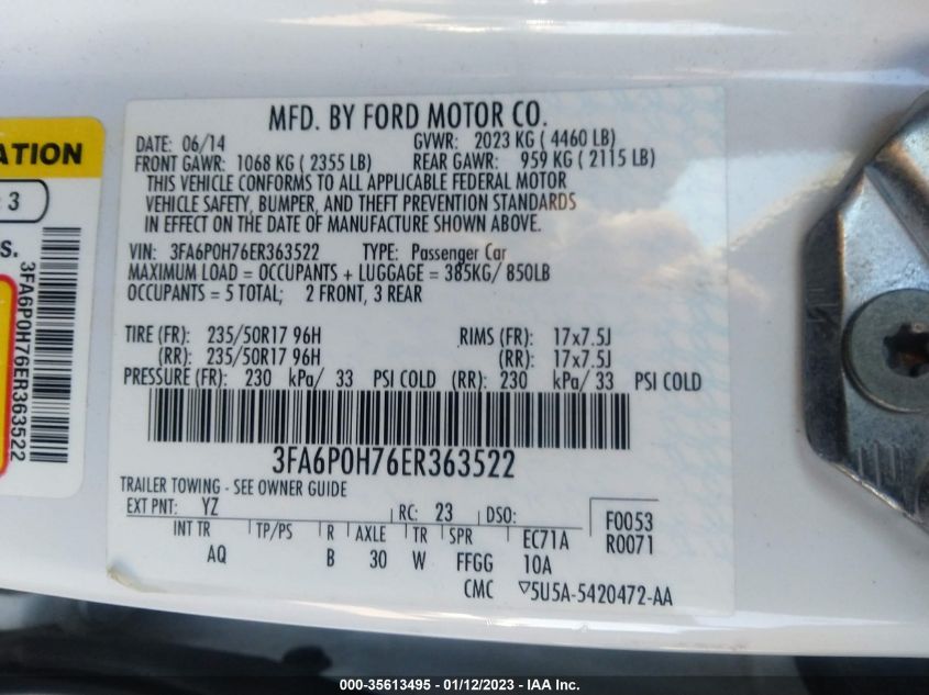 3FA6P0H76ER363522 2014 Ford Fusion Se