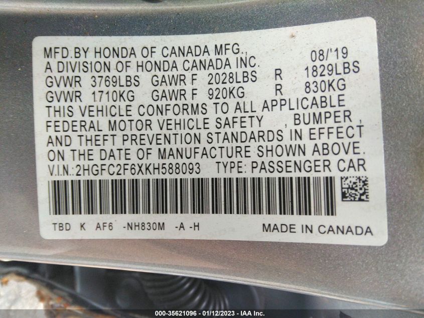 2019 Honda Civic Lx VIN: 2HGFC2F6XKH588093 Lot: 35621096