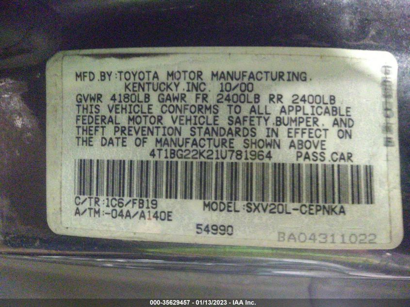 2001 Toyota Camry Le VIN: 4T1BG22K21U781964 Lot: 35629457