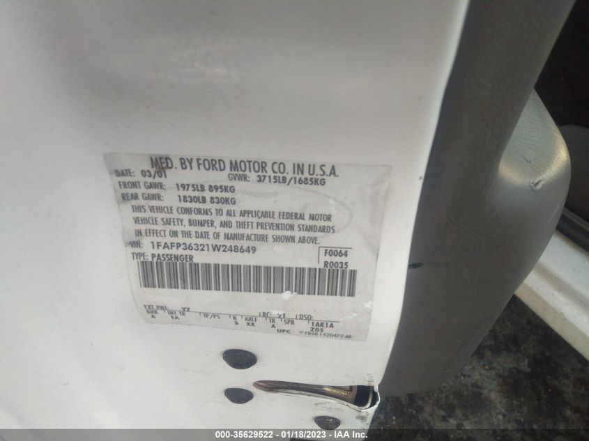 2001 Ford Focus Se Street Edition/Se VIN: 1FAFP36321W248649 Lot: 35629522